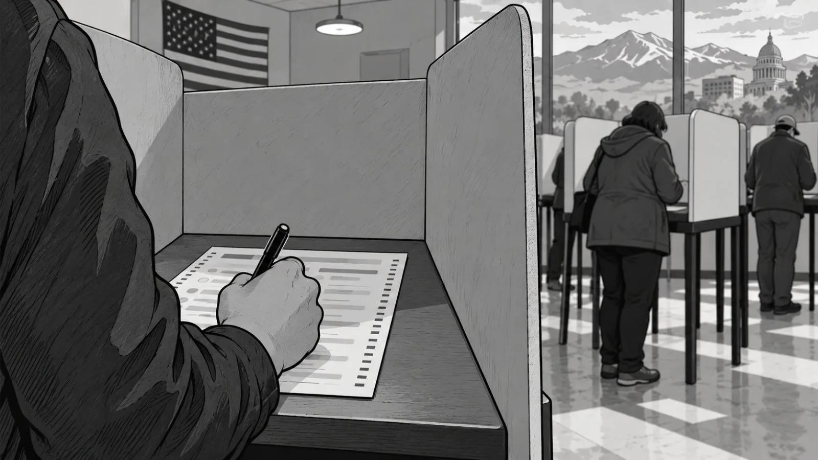 A voter marks a ballot at a polling station in Boise, Idaho (AI-generated image / EconoTimes)