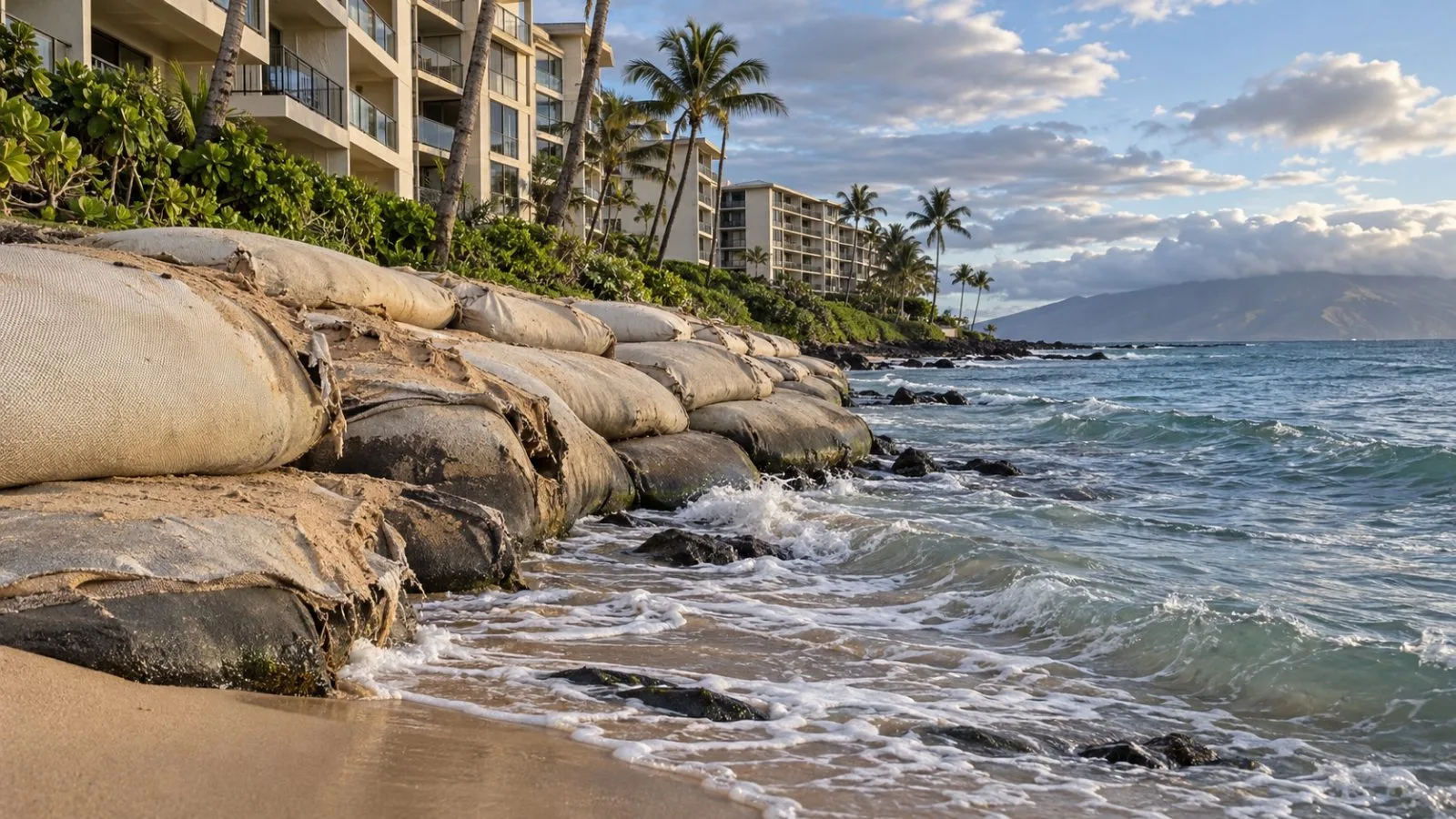 Weathered sandbags line the shoreline below condominium buildings in Kahana, Maui. (AI-generated image / EconoTimes)