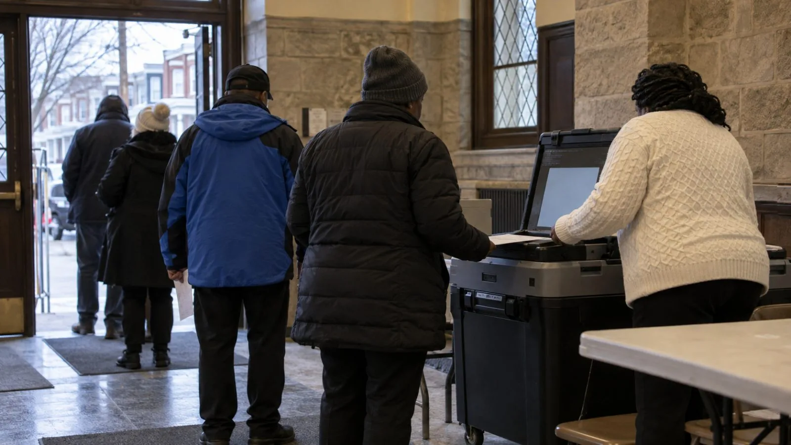 Voters wait beside a ballot scanner at a neighborhood polling place in Philadelphia, Pennsylvania. (AI-generated image / EconoTimes)