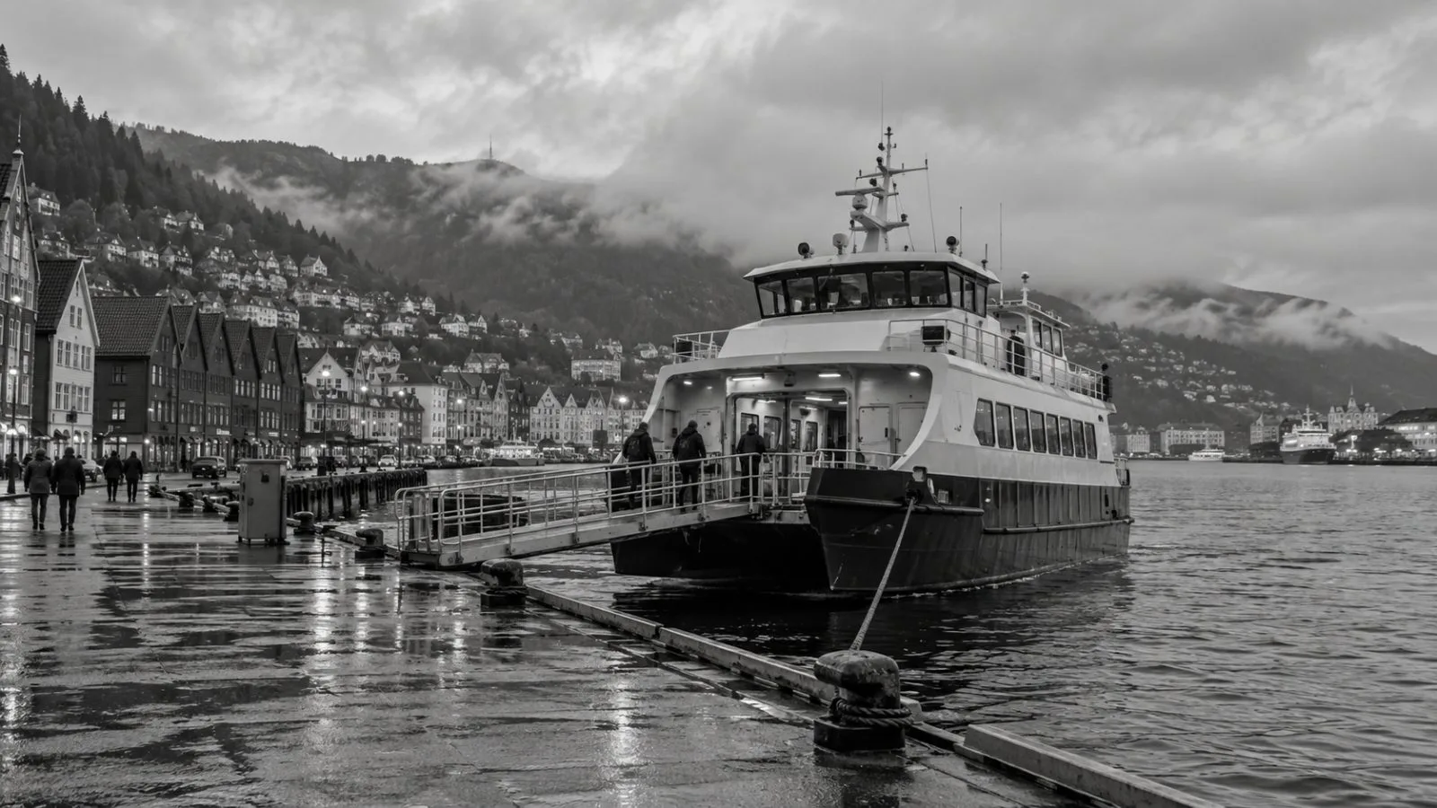 A coastal passenger ferry lies moored at a quay in Bergen, Norway. (AI-generated image / EconoTimes)