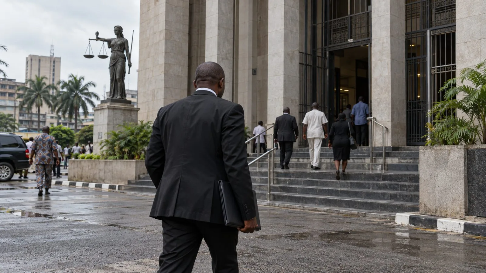 A legal aide carries a file into a courthouse in Lagos as the receivership trial continues. (AI-generated image / EconoTimes)