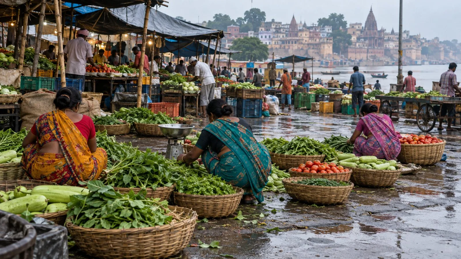Women sort produce at a roadside market outside Varanasi, Uttar Pradesh, India. (AI-generated image / EconoTimes)