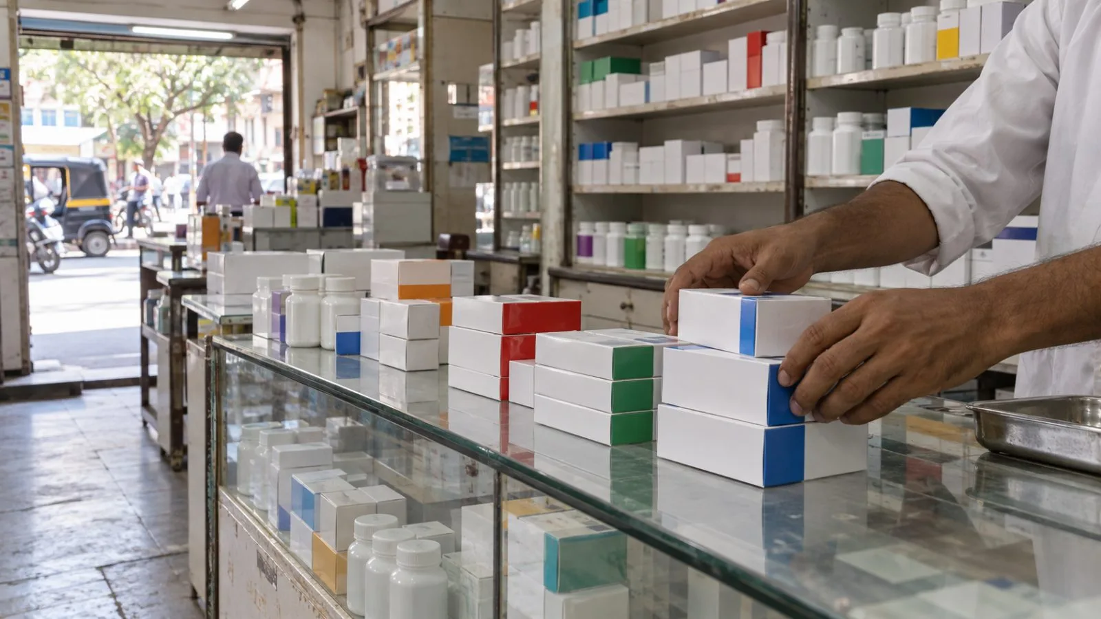 A worker restocks medicine cartons behind a pharmacy counter in Pune, India. (AI-generated image / EconoTimes)