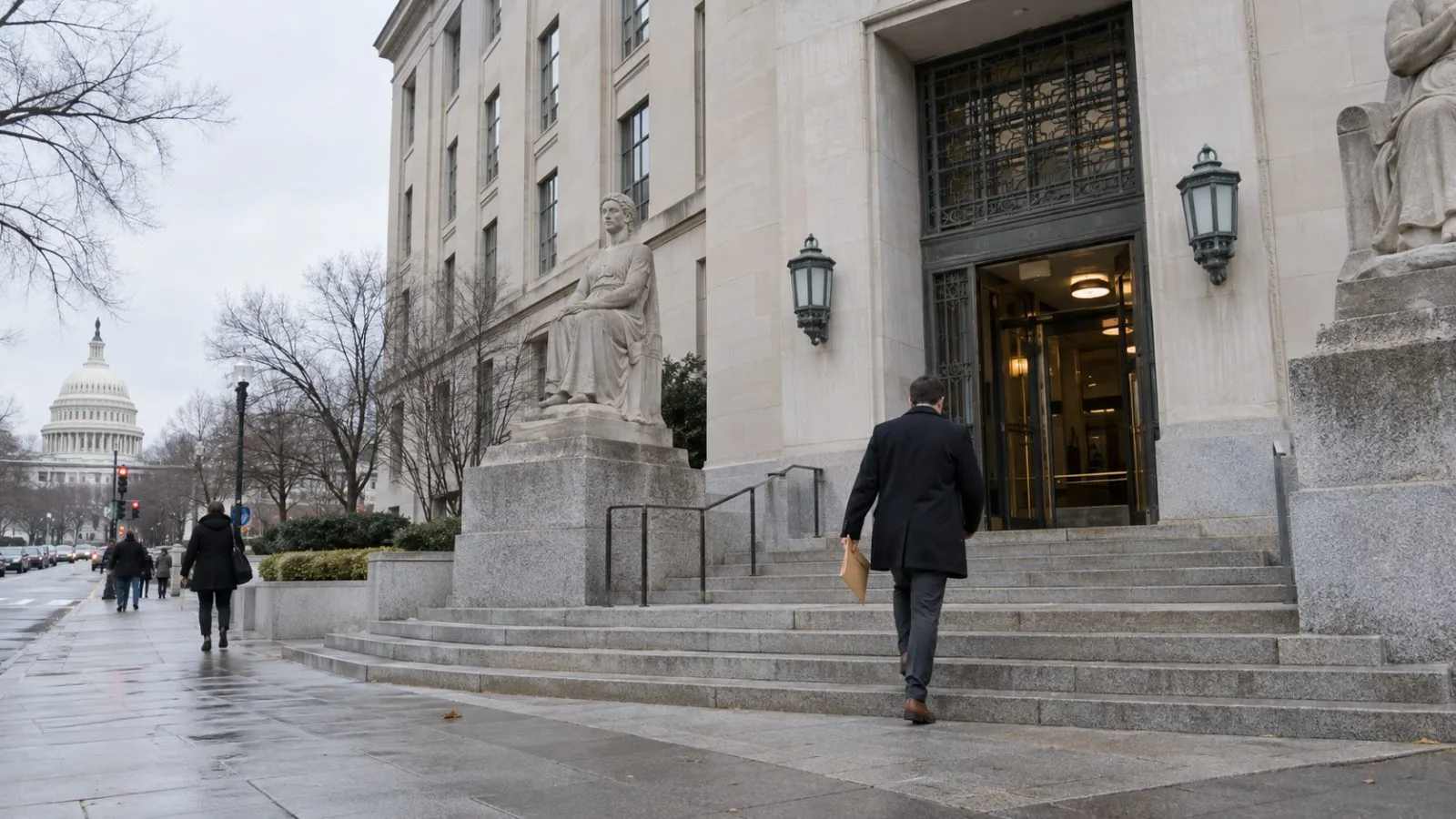 Pedestrians pass the Federal Trade Commission headquarters in Washington, D.C. / EconoTimes.ai