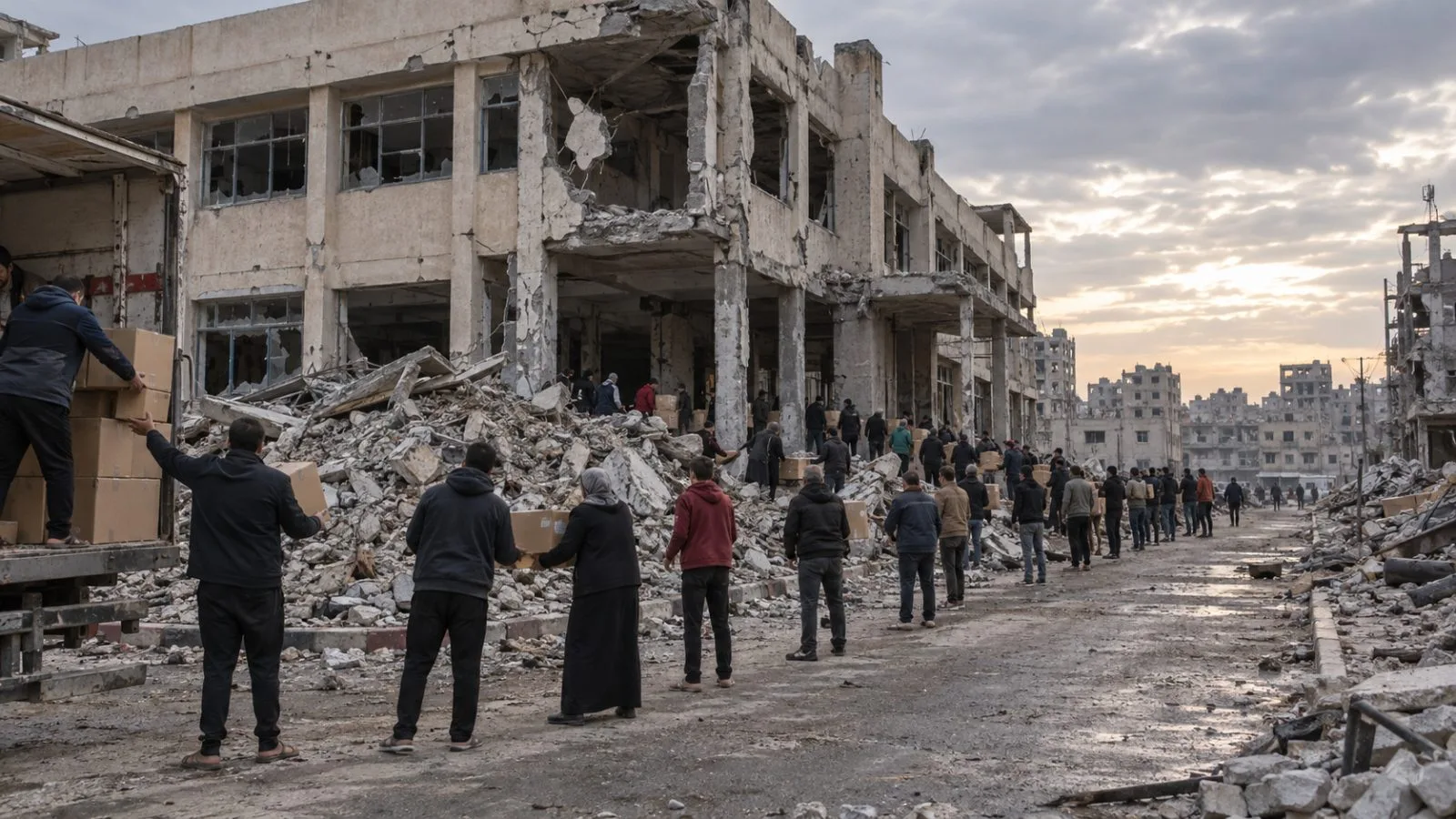 Residents collect relief parcels outside a United Nations agency facility in Gaza City. (AI-generated image / EconoTimes)