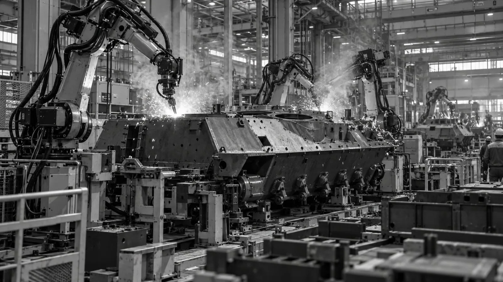 Industrial robots weld a combat vehicle hull inside Hanwha Aerospace Plant 2 in Changwon, South Korea. (AI-generated image / EconoTimes)