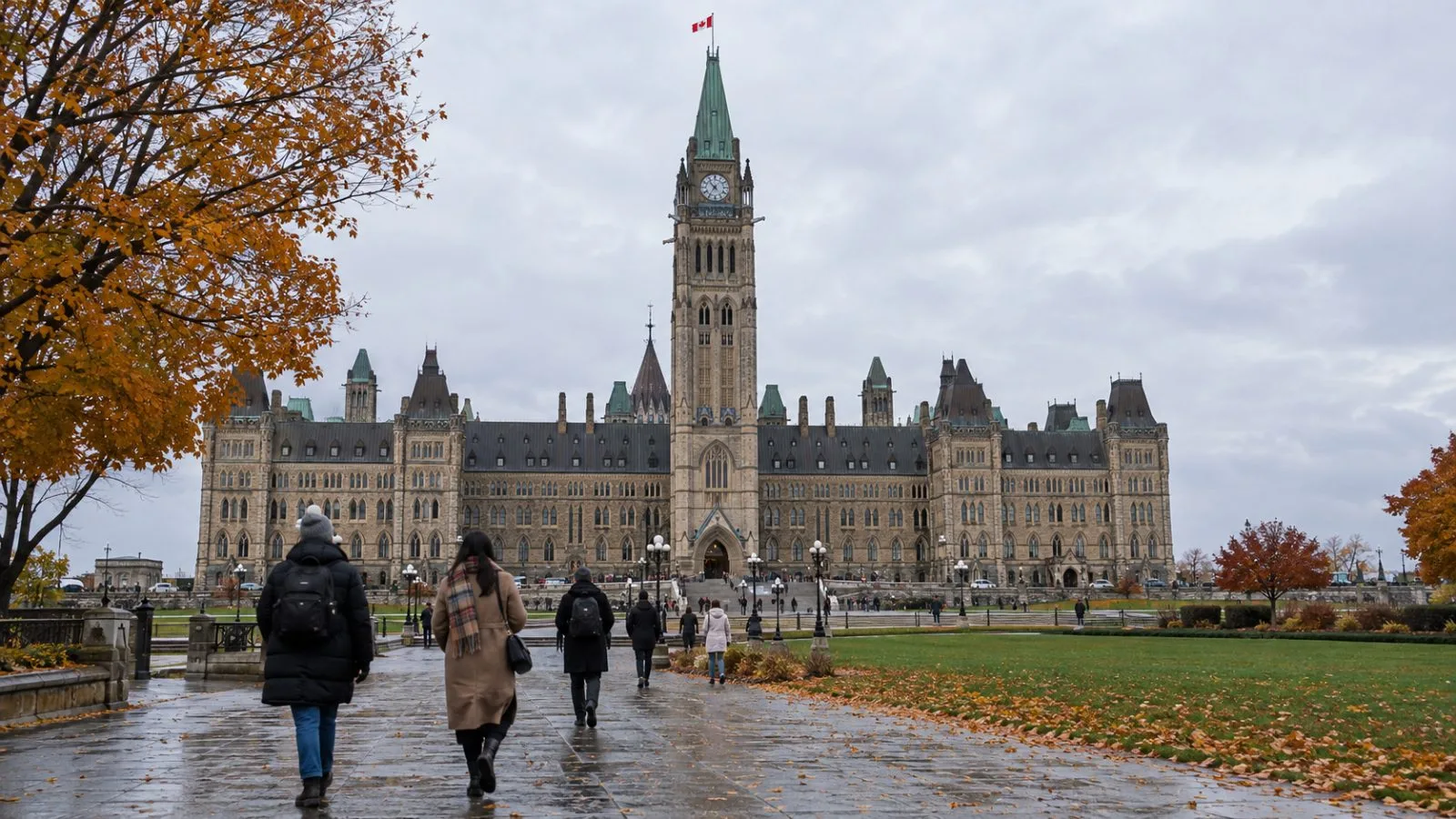 Pedestrians cross Parliament Hill beneath the Peace Tower in Ottawa on a gray autumn day. (AI-generated image / EconoTimes)