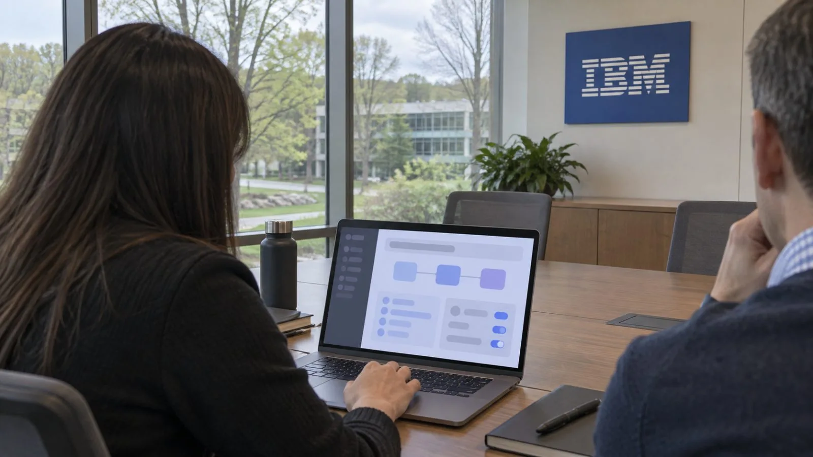 An employee walks between office buildings at IBM’s campus in Armonk, New York. / EconoTimes.ai