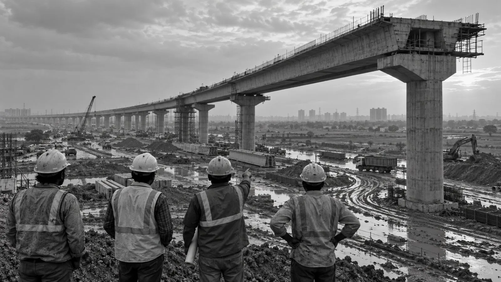 Workers survey a highway overpass under construction on the outskirts of New Delhi, India. (AI-generated image / EconoTimes)