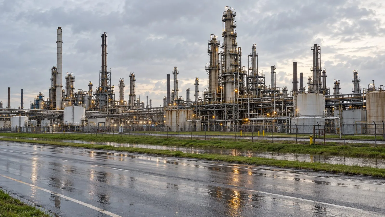 Refinery towers rise beyond a wet road in Baytown, Texas. (AI-generated image / EconoTimes)