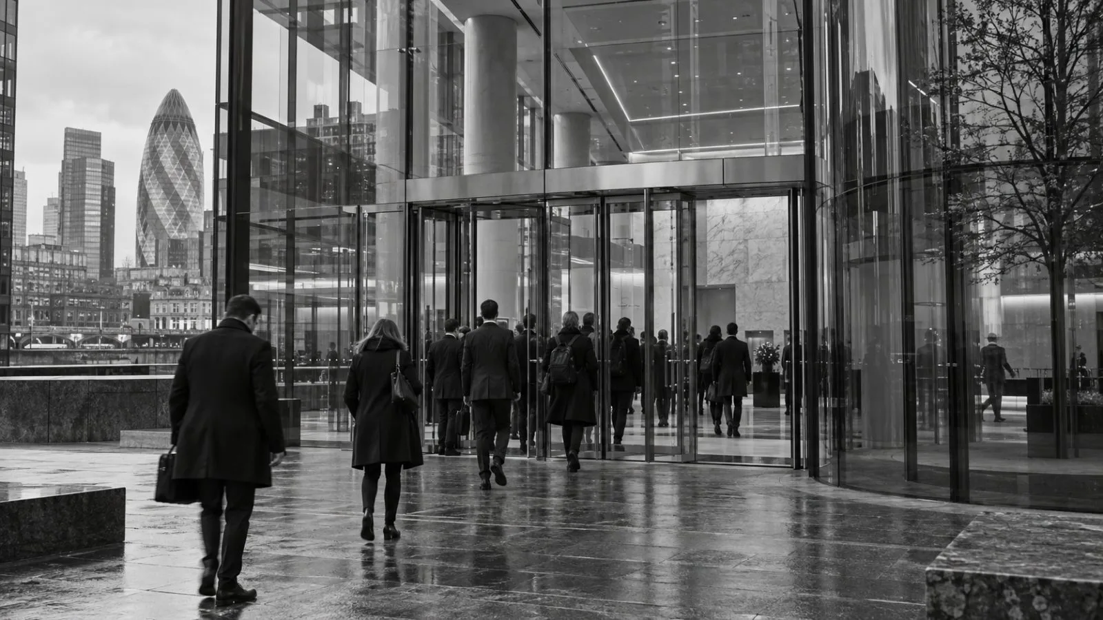 Office workers enter a glass-fronted building at Plumtree Court in London's financial district. / EconoTimes.ai