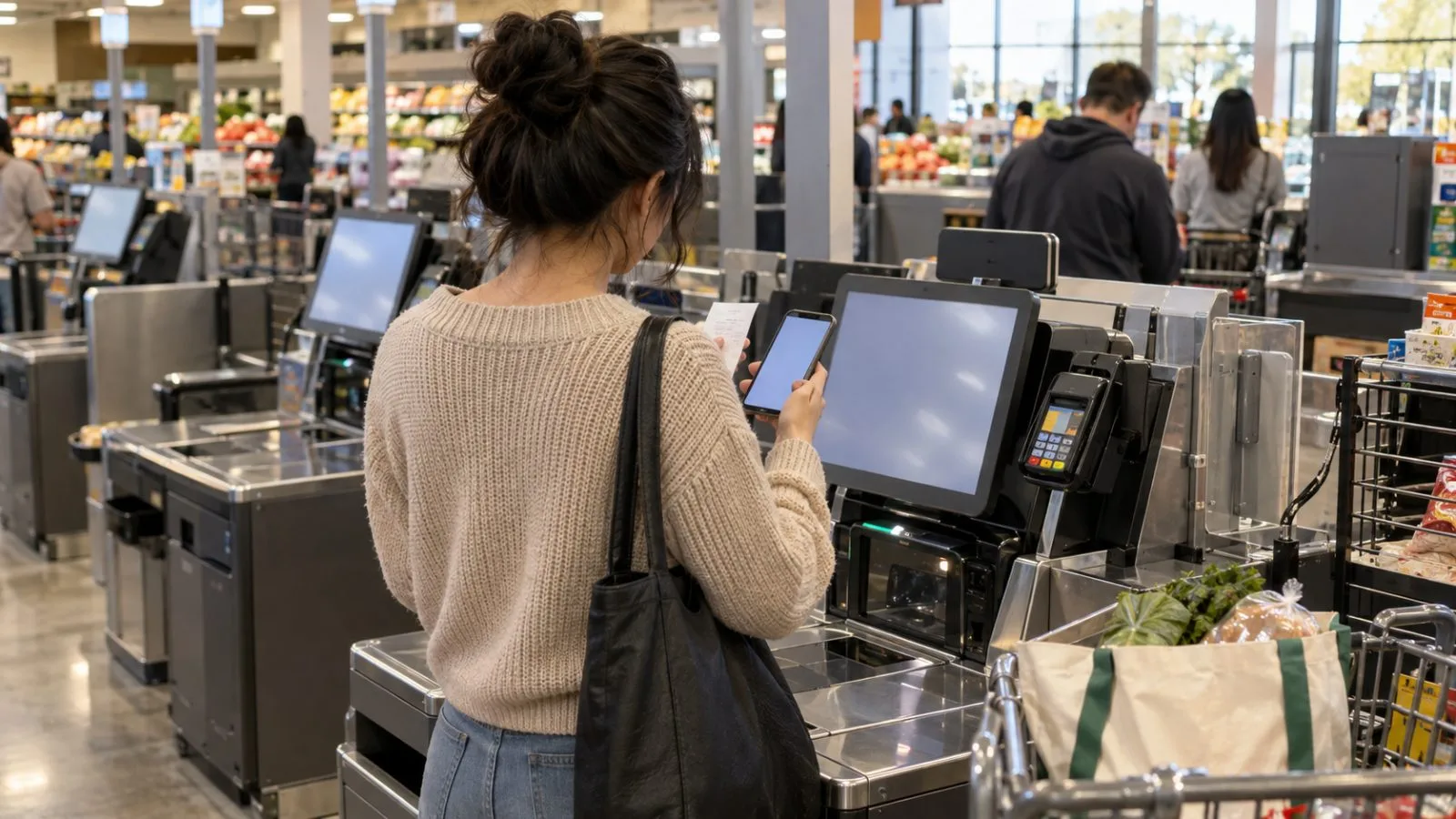 A shopper checks a grocery receipt at a self-checkout in Irvine, California. (AI-generated image / EconoTimes)