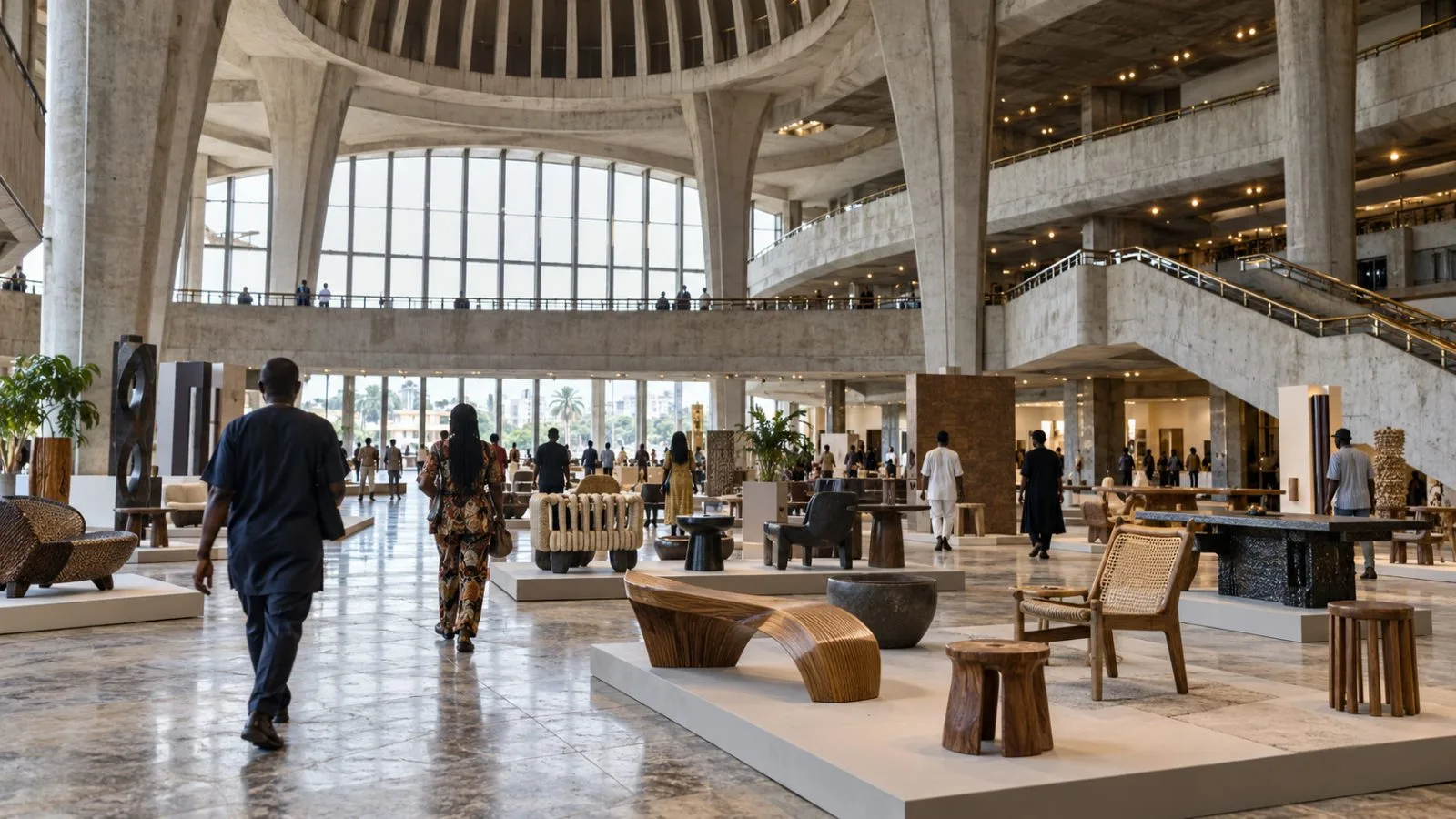 Furniture prototypes line a Design Week Lagos exhibition at the National Theatre in Lagos (AI-generated image / EconoTimes)
