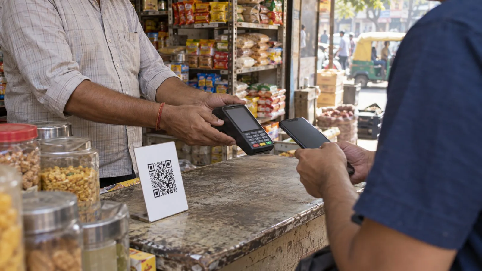A shopkeeper processes a digital payment at a neighborhood provisions store in New Delhi, India. (AI-generated image / EconoTimes)