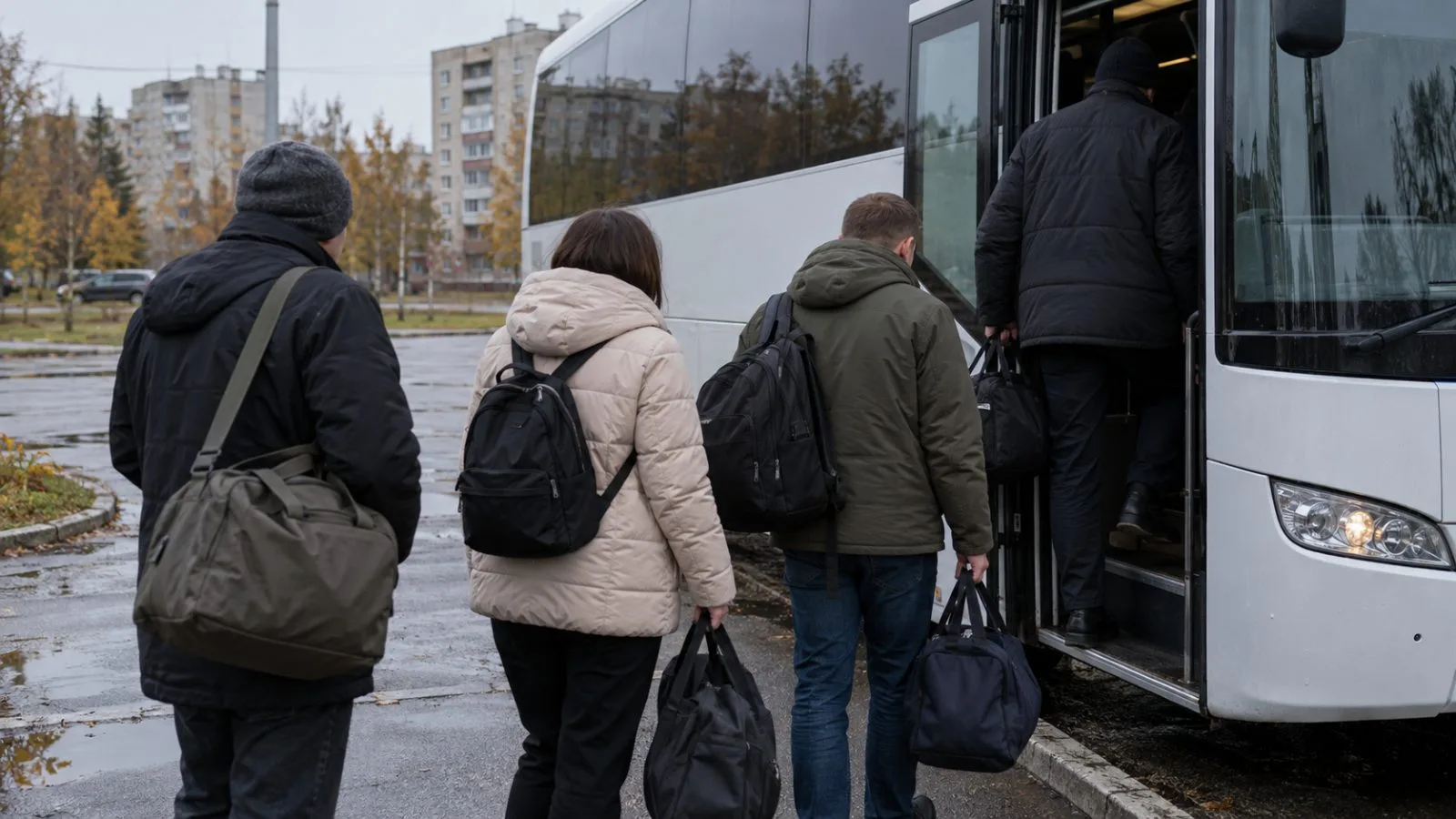 Released Ukrainians board a coach after a prisoner exchange in Belarus (AI-generated image / EconoTimes)