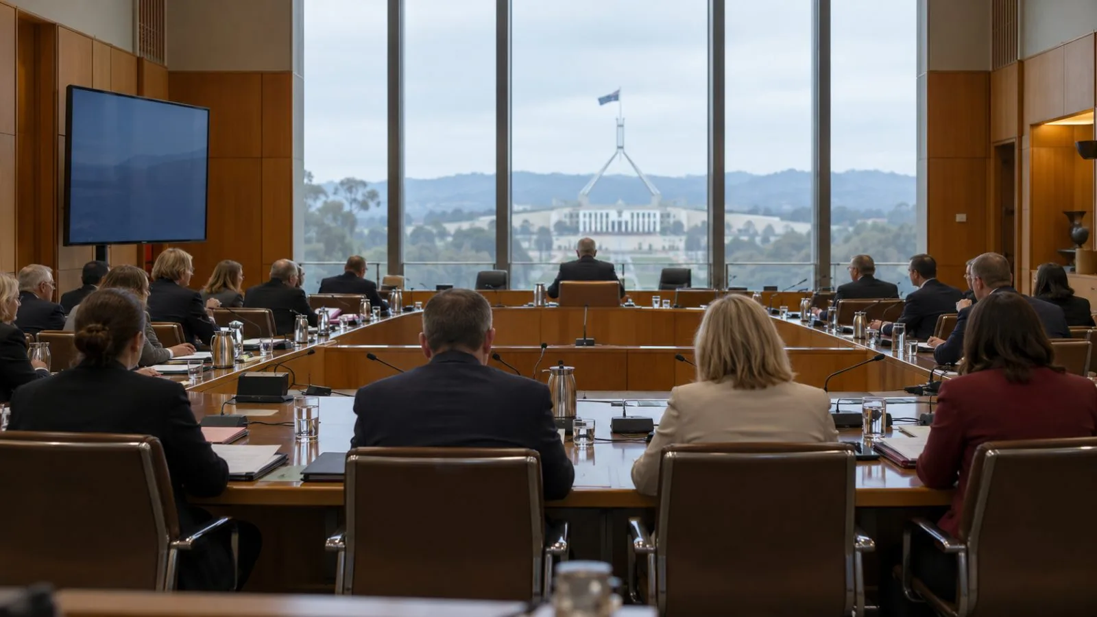 Officials attend a parliamentary committee hearing at Parliament House in Canberra, Australia. (AI-generated image / EconoTimes)