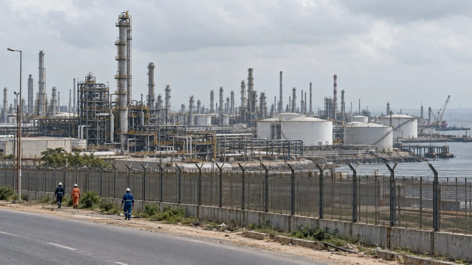 Refinery towers and storage tanks stand behind a perimeter fence in Lagos, Nigeria. (AI-generated image / EconoTimes)