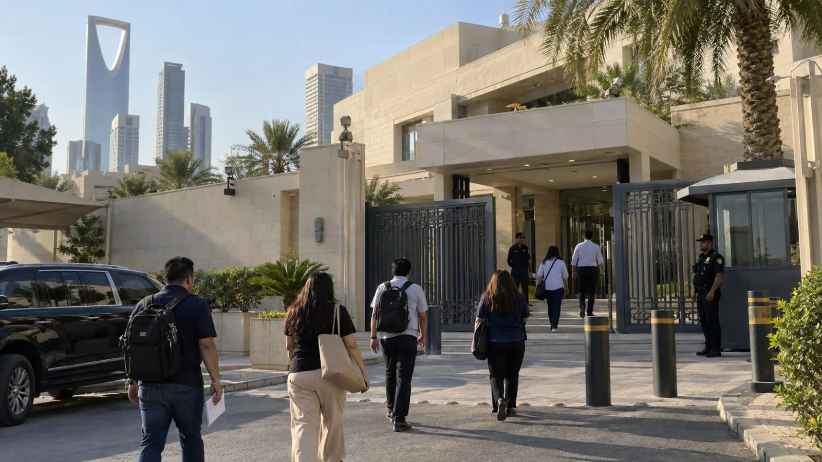 Visitors approach the Philippine Embassy in Riyadh, Saudi Arabia, in afternoon sunlight. (AI-generated image / EconoTimes)