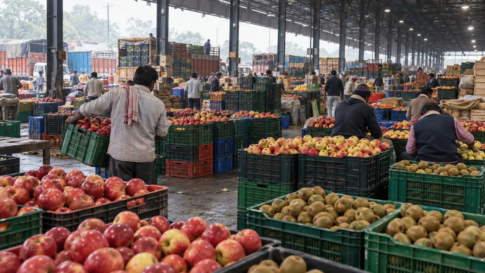 Vendors sort apples and kiwifruit at Azadpur Mandi in New Delhi, India (AI-generated image / EconoTimes)