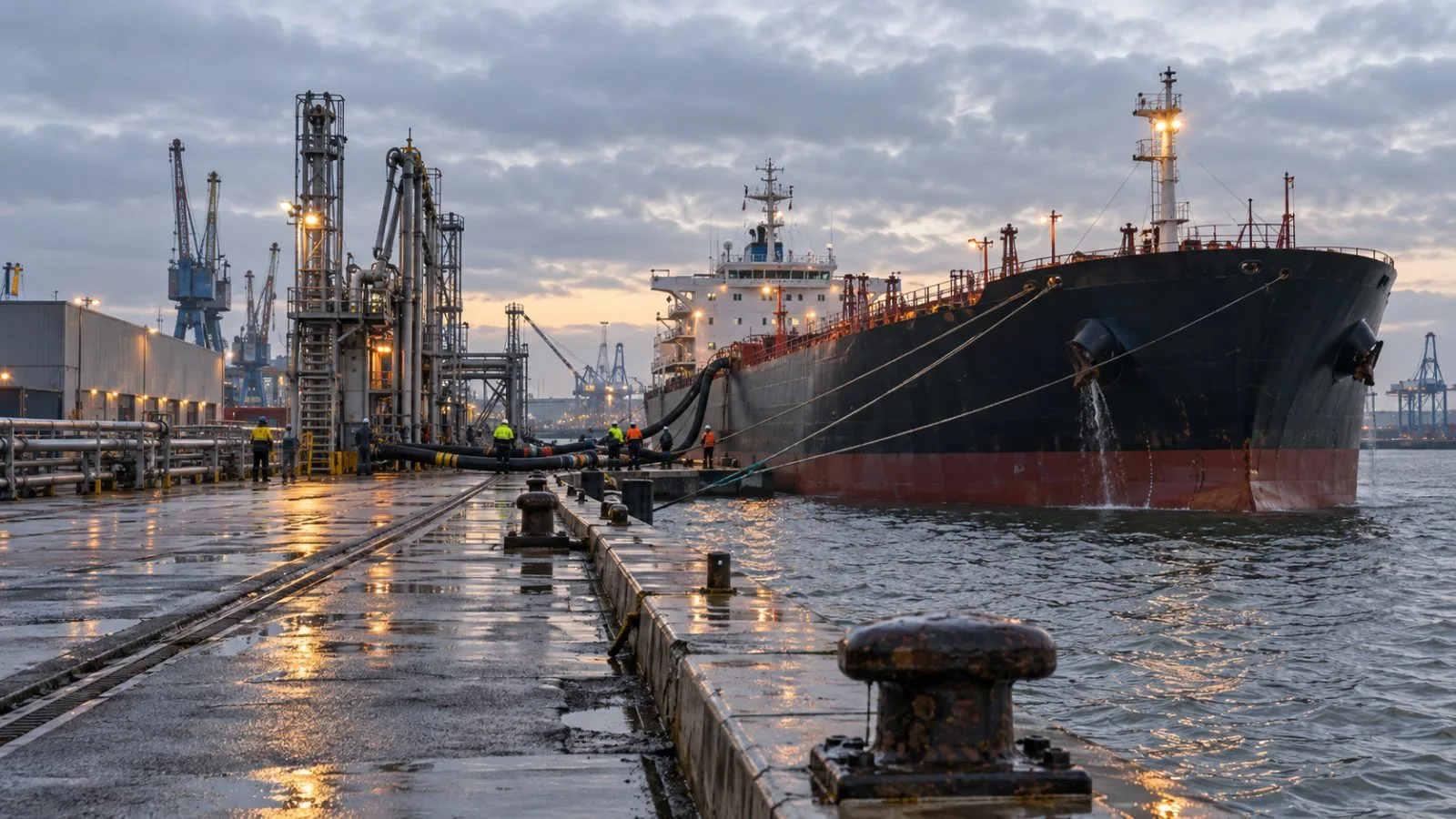 An oil tanker sits alongside the quay at Hamburg’s port beneath low autumn clouds. (AI-generated image / EconoTimes)