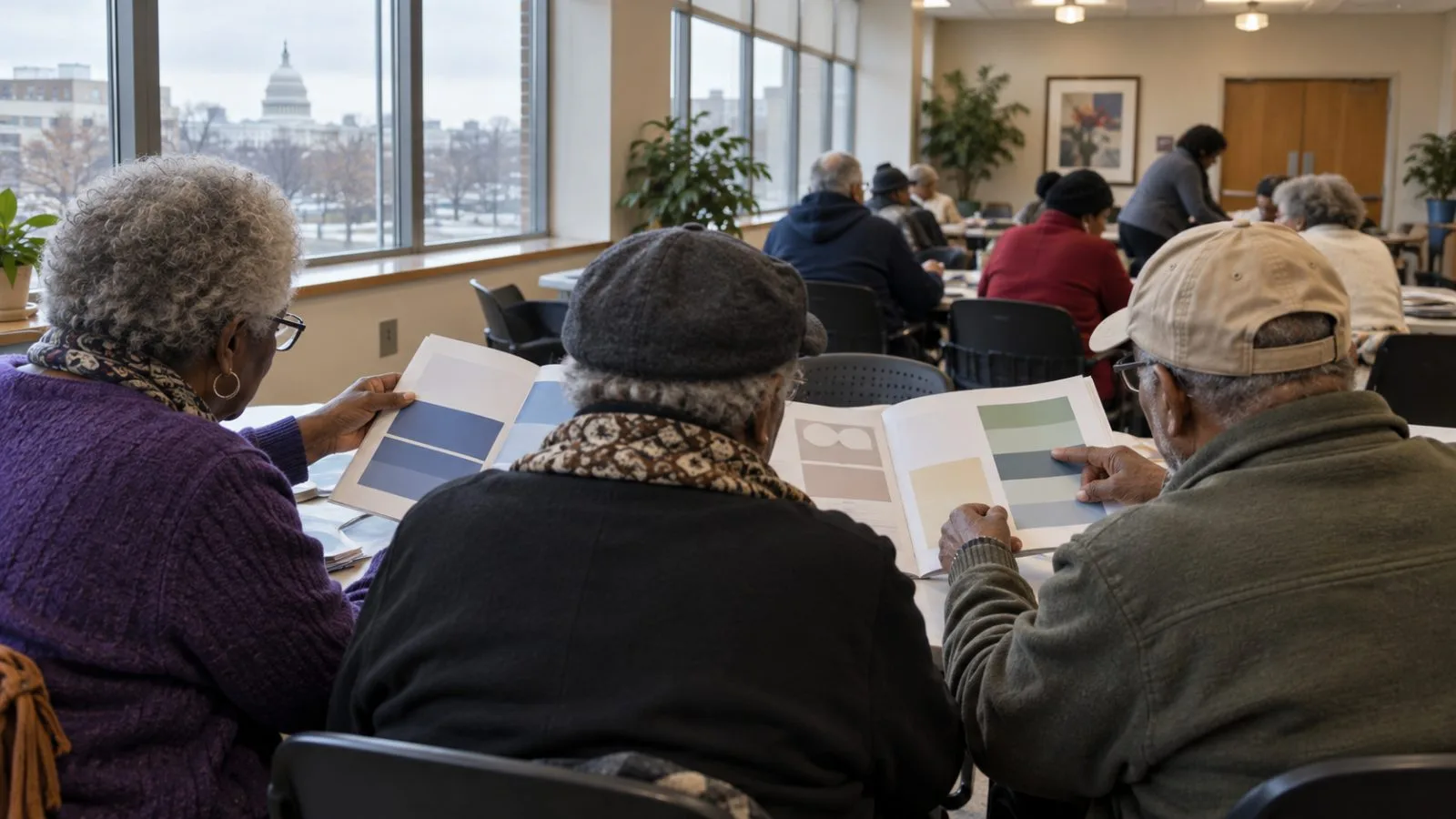 Older adults compare health plan booklets at a counseling table in a Washington, D.C., senior center. (AI-generated image / EconoTimes)