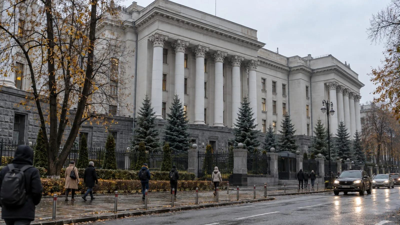 Pedestrians pass Ukraine’s Defense Ministry building in Kyiv on an overcast morning. (AI-generated image / EconoTimes)