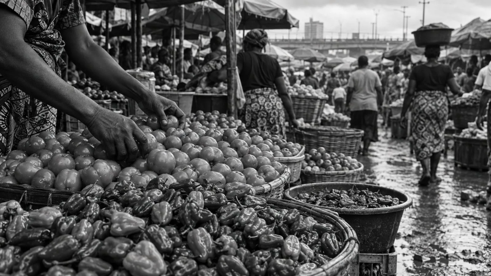 Shoppers pass tomato and pepper stalls at Mile 12 Market in Lagos, Nigeria. (AI-generated image / EconoTimes)