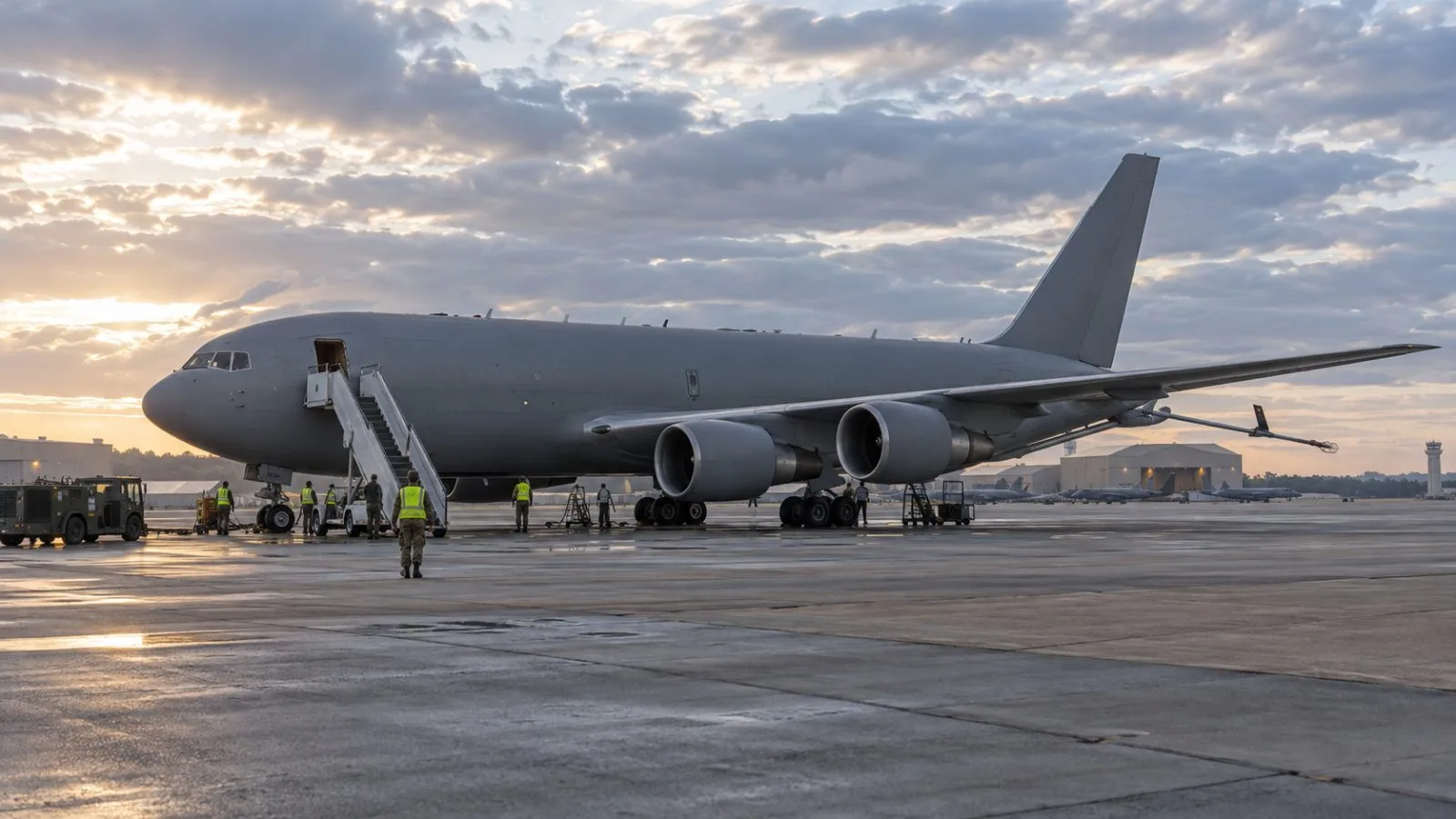 A KC-46A Pegasus tanker stands on the flight line at Eglin Air Force Base, Florida. (AI-generated image / EconoTimes)