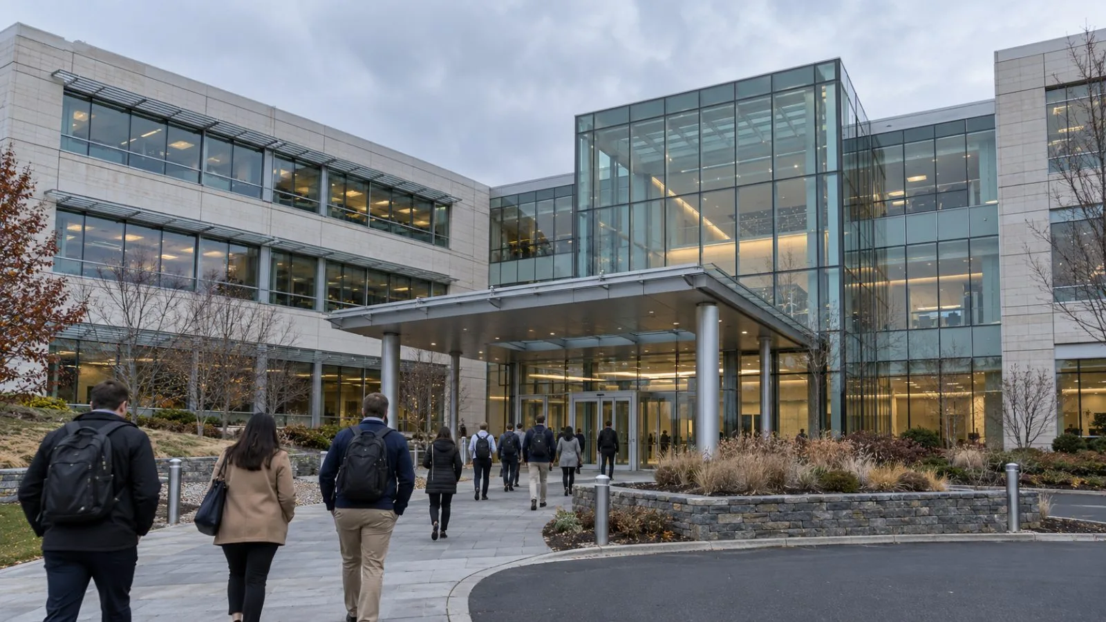 Employees enter an office building in Waltham, Massachusetts, under an overcast sky. (AI-generated image / EconoTimes)