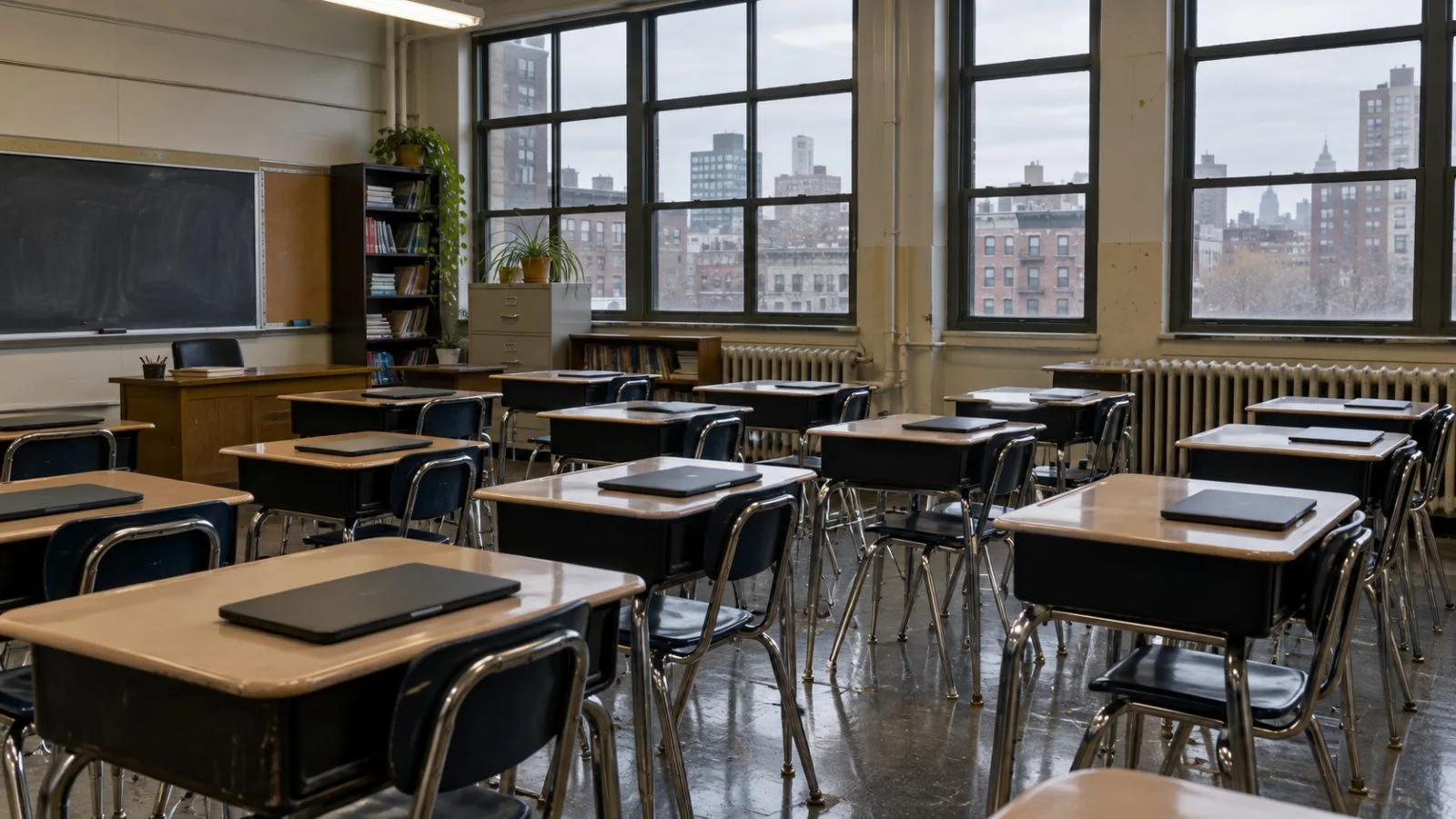 Desks and closed laptops sit in a public school classroom in New York City. / EconoTimes.ai