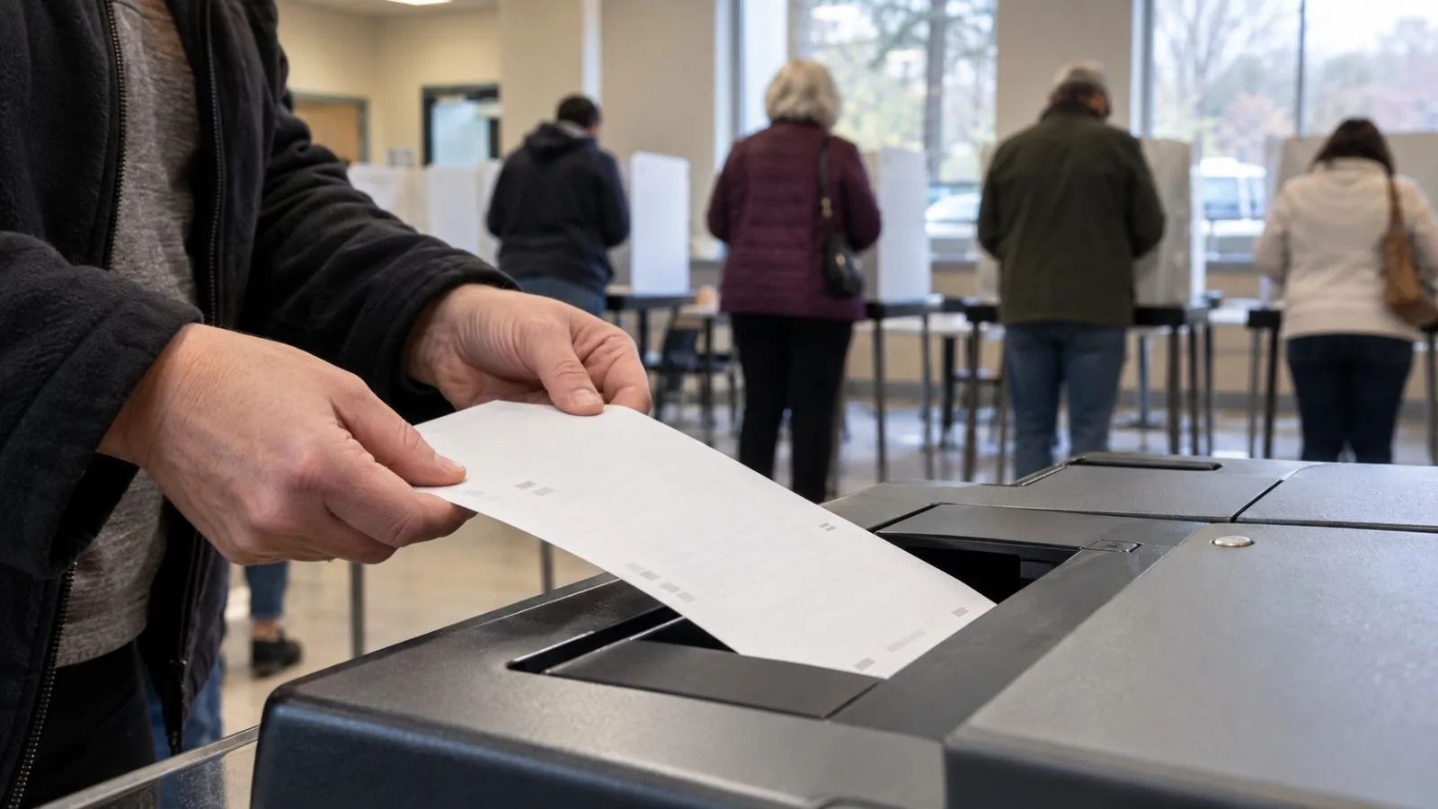 A voter feeds a ballot into a scanner at an early voting site in Raleigh, North Carolina. (AI-generated image / EconoTimes)