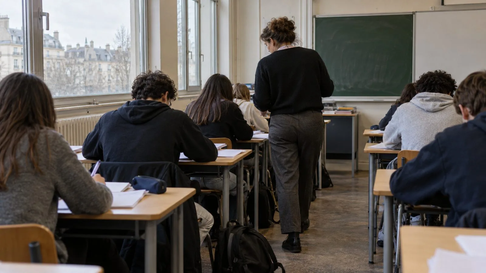 Students work at closely spaced desks in a public lycée classroom in Paris, France. (AI-generated image / EconoTimes)
