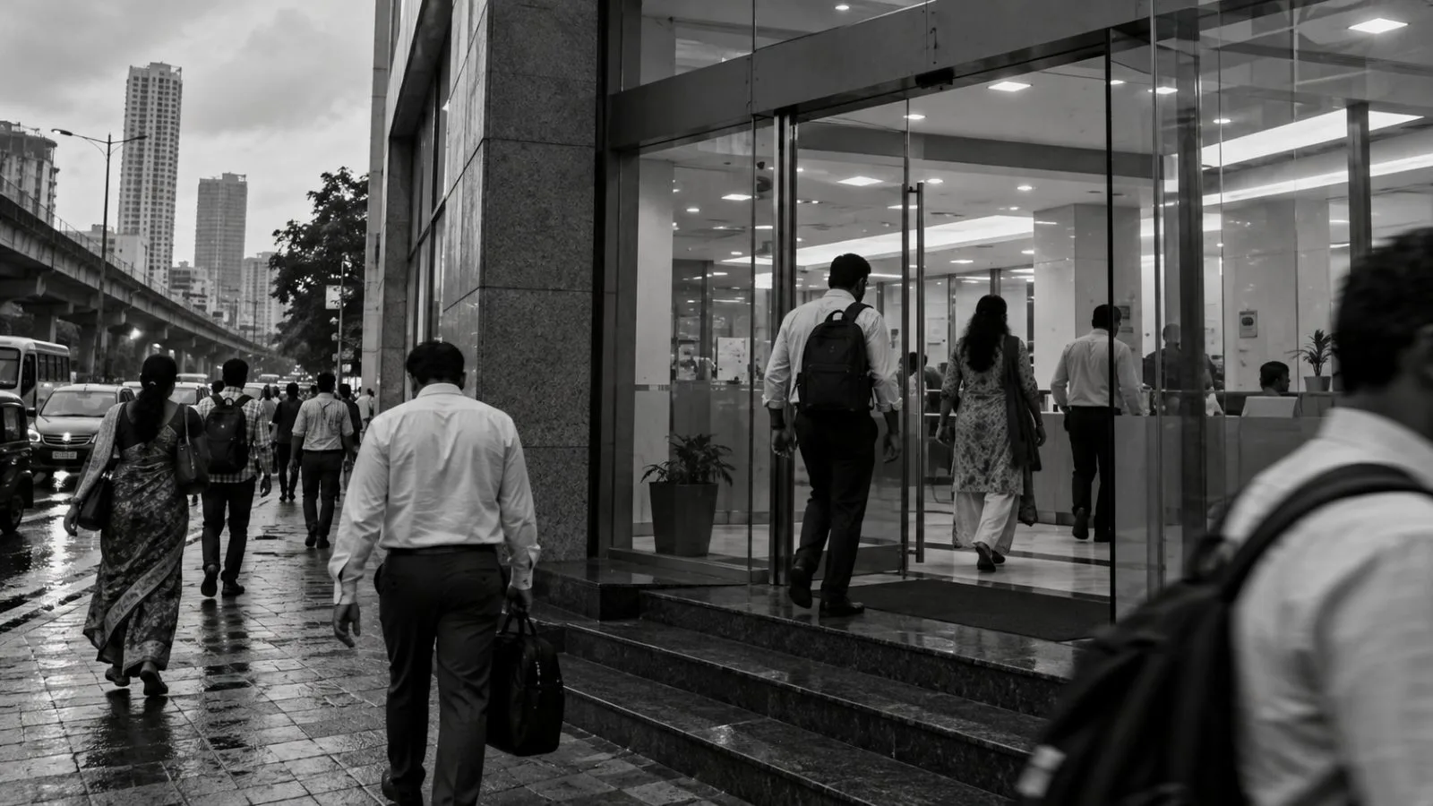 Customers enter a retail lending branch on a cloudy afternoon in Mumbai, India. (AI-generated image / EconoTimes)