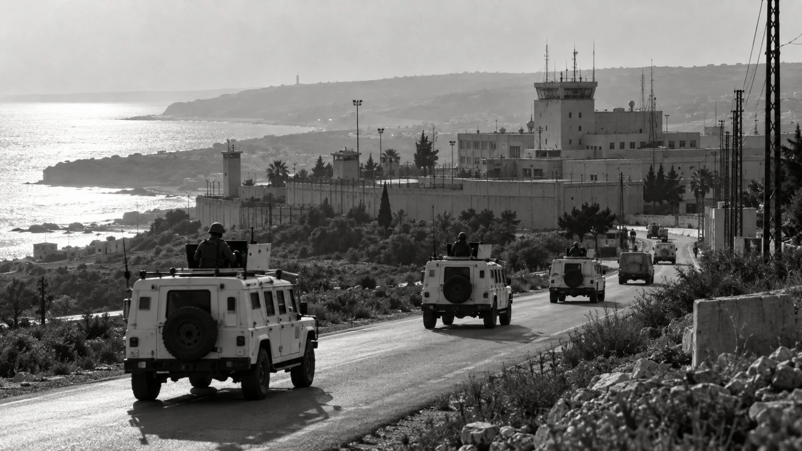 White peacekeeping vehicles travel along a road in Naqoura, southern Lebanon. (AI-generated image / EconoTimes)
