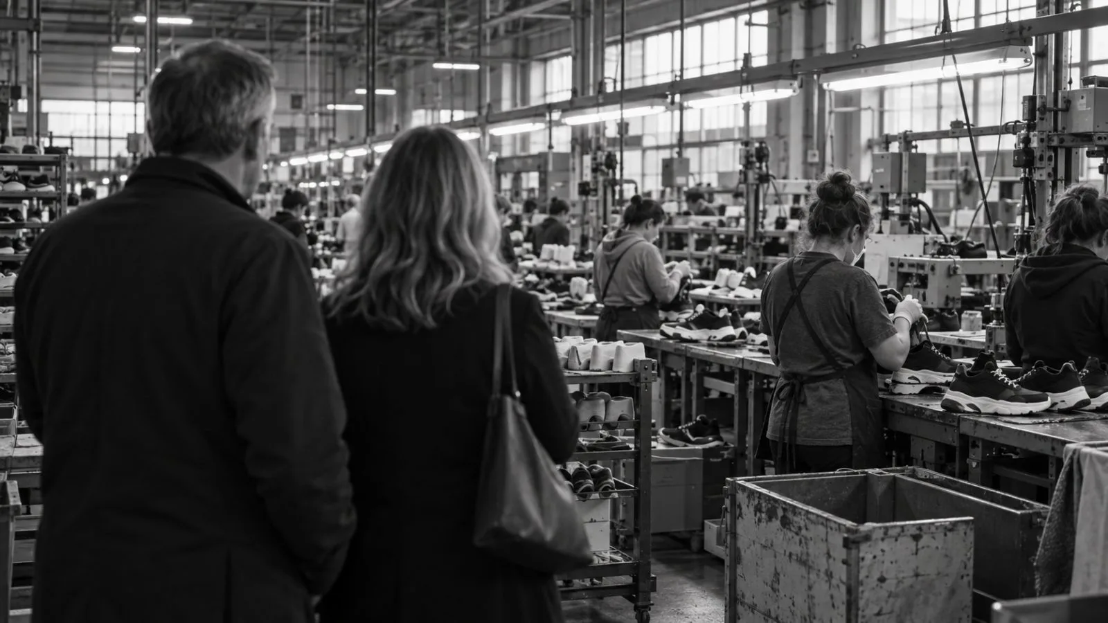 Workers handle athletic shoes along an assembly line at a factory in Norway, Maine, United States (AI-generated image / EconoTimes)