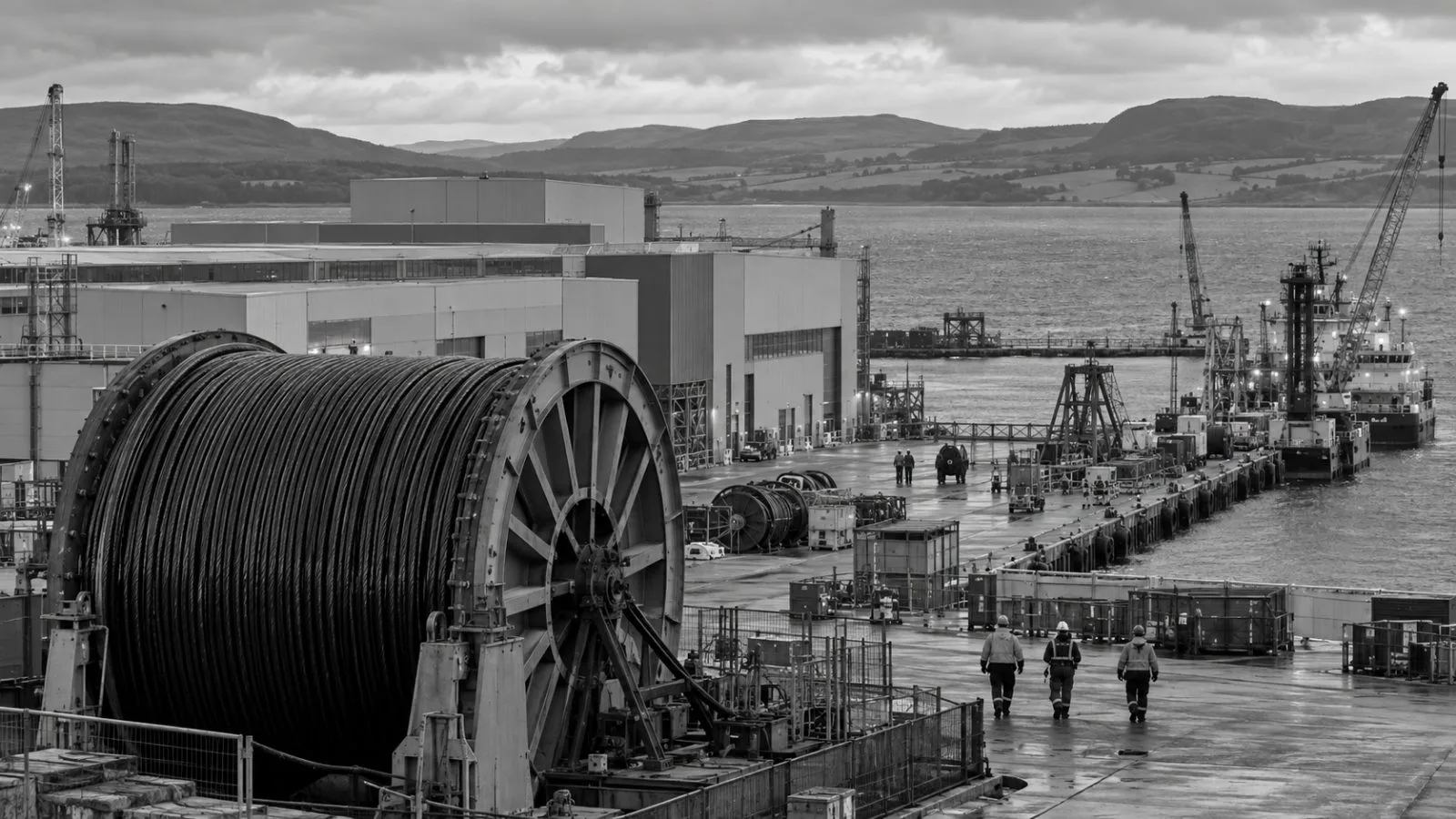 Industrial buildings and cable equipment stand beside the Cromarty Firth at the Port of Nigg, Scotland. (AI-generated image / EconoTimes)