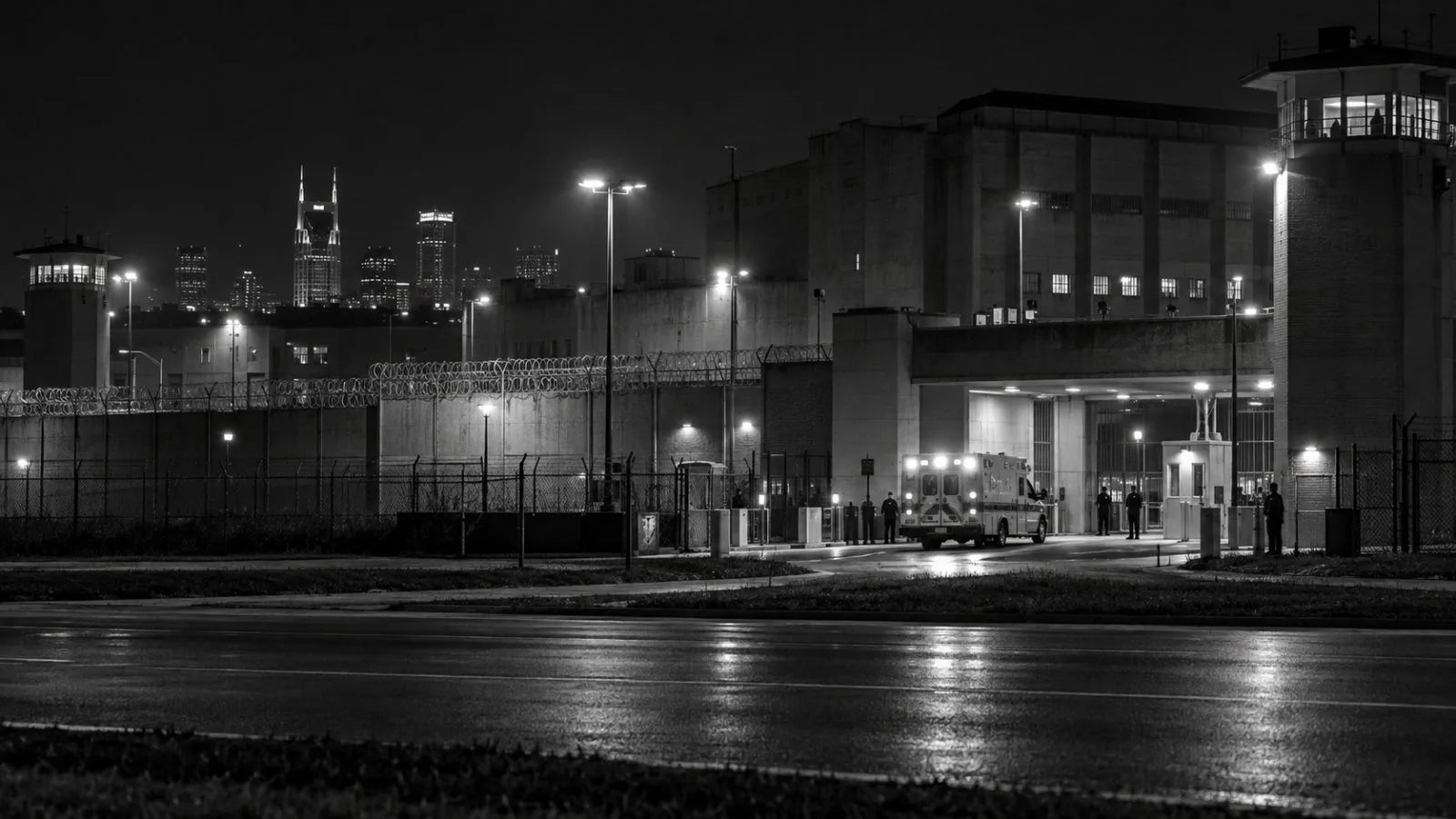 An ambulance waits outside Riverbend Maximum Security Institution in Nashville, Tennessee. / EconoTimes.ai (mono)