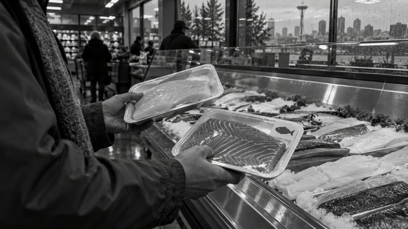 A shopper compares packaged seafood at a supermarket counter in Seattle, Washington. (AI-generated image / EconoTimes)