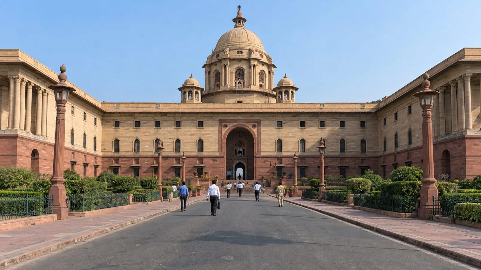 People walk toward North Block in New Delhi, India, on an ordinary morning. (AI-generated image / EconoTimes)
