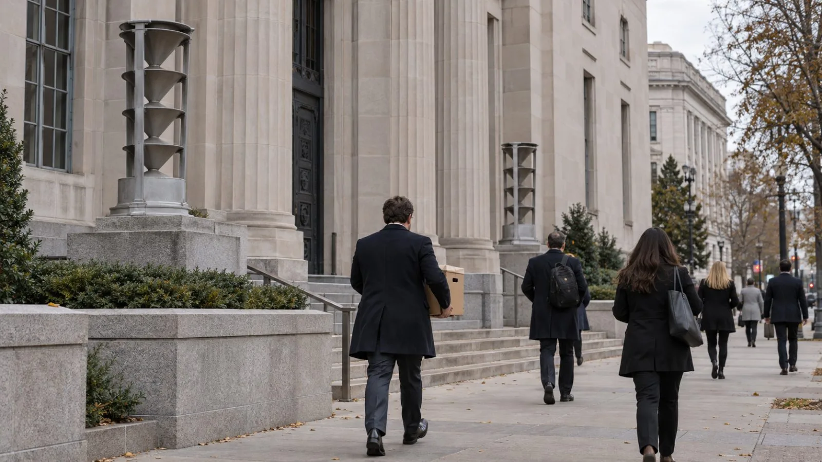 A staff member carries an archival box outside the Justice Department in Washington, D.C. (AI-generated image / EconoTimes)