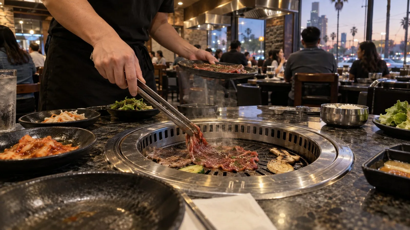 A server tends a tabletop grill inside a Korean barbecue restaurant in Los Angeles, California. (AI-generated image / EconoTimes)