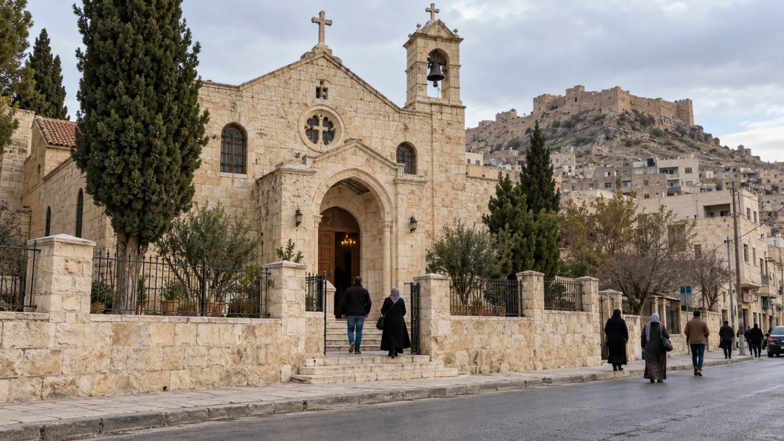 Mourners pass the Greek Orthodox church in Karak, Jordan, on an overcast afternoon. (AI-generated image / EconoTimes)
