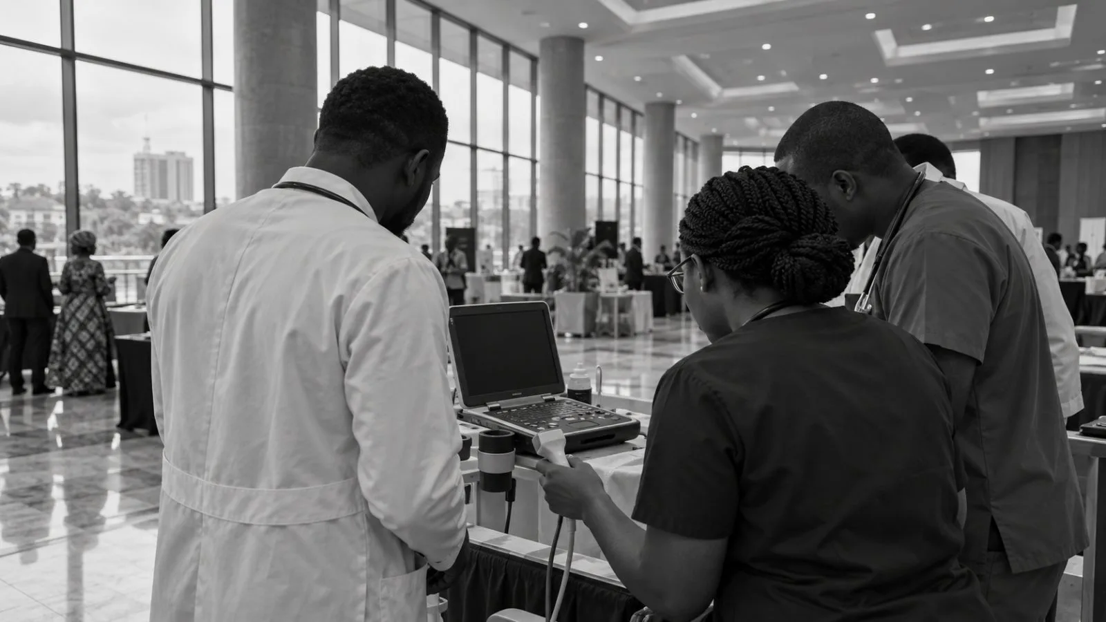 Clinicians examine a portable ultrasound unit during a health conference showcase in Abuja, Nigeria. (AI-generated image / EconoTimes)