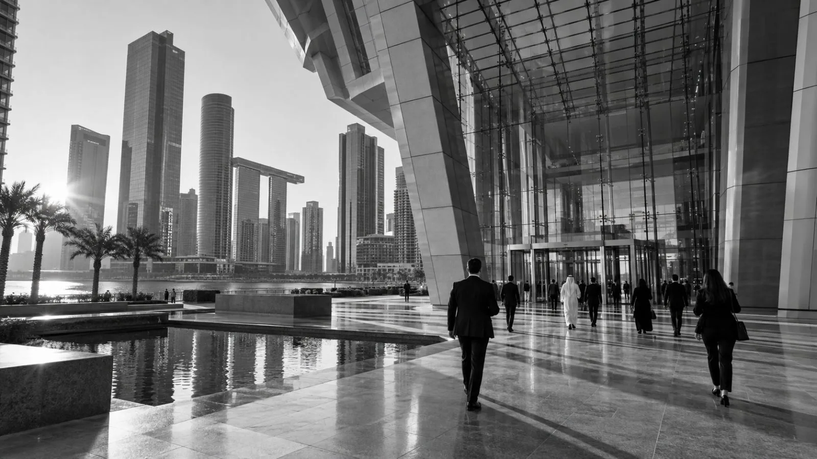 Office workers enter Abu Dhabi Global Market on Al Maryah Island. (AI-generated image / EconoTimes)