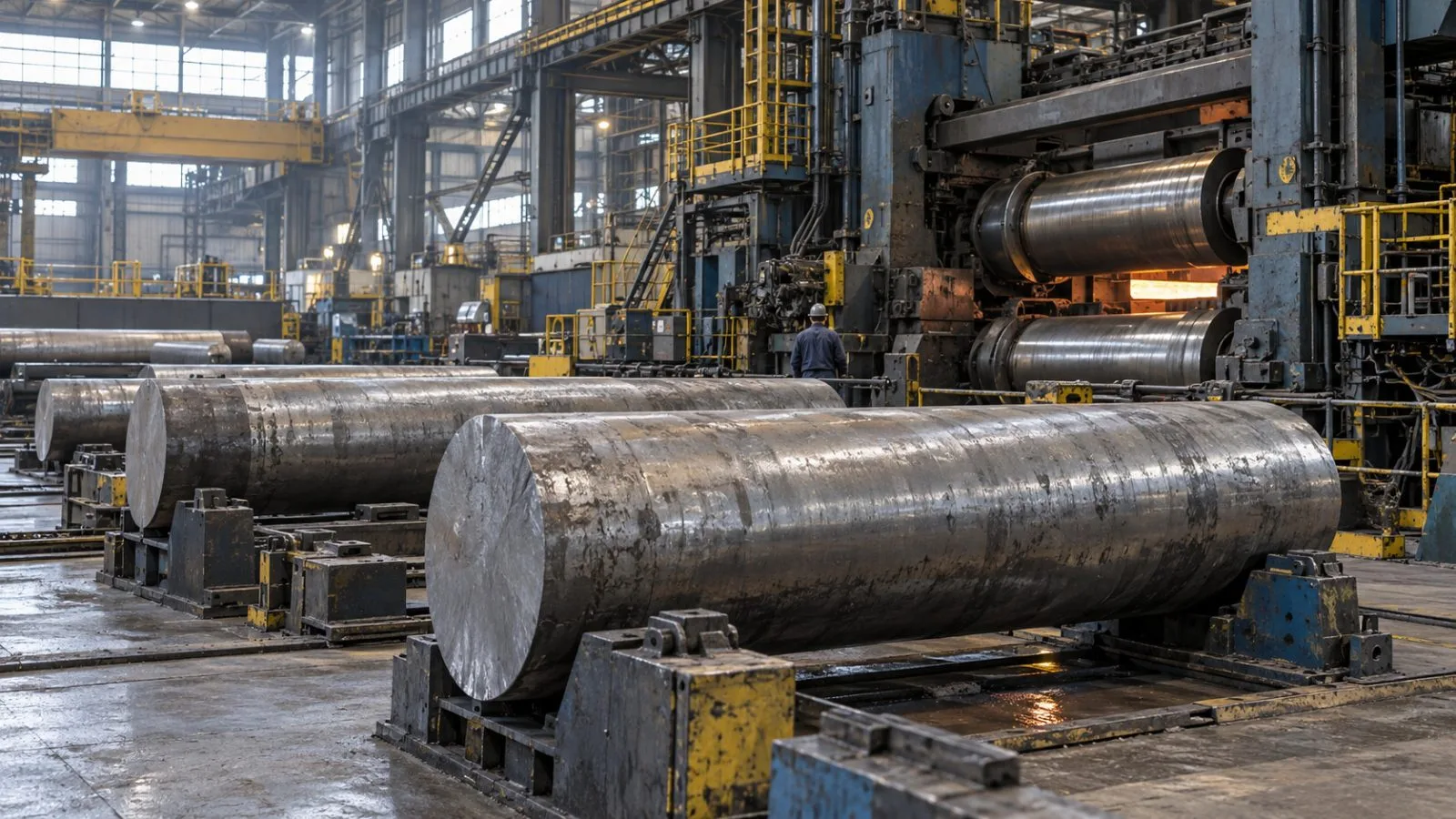 Titanium billets sit beside rolling equipment at Perryman's plant in Houston, Pennsylvania. (AI-generated image / EconoTimes)