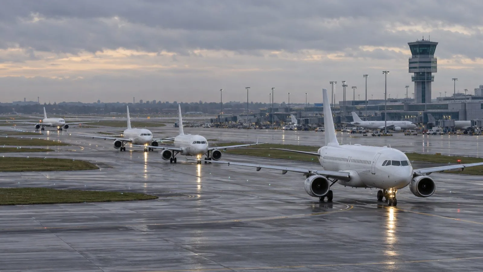 Passenger aircraft taxi beneath the control tower at Brussels Airport in Zaventem, Belgium. (AI-generated image / EconoTimes)