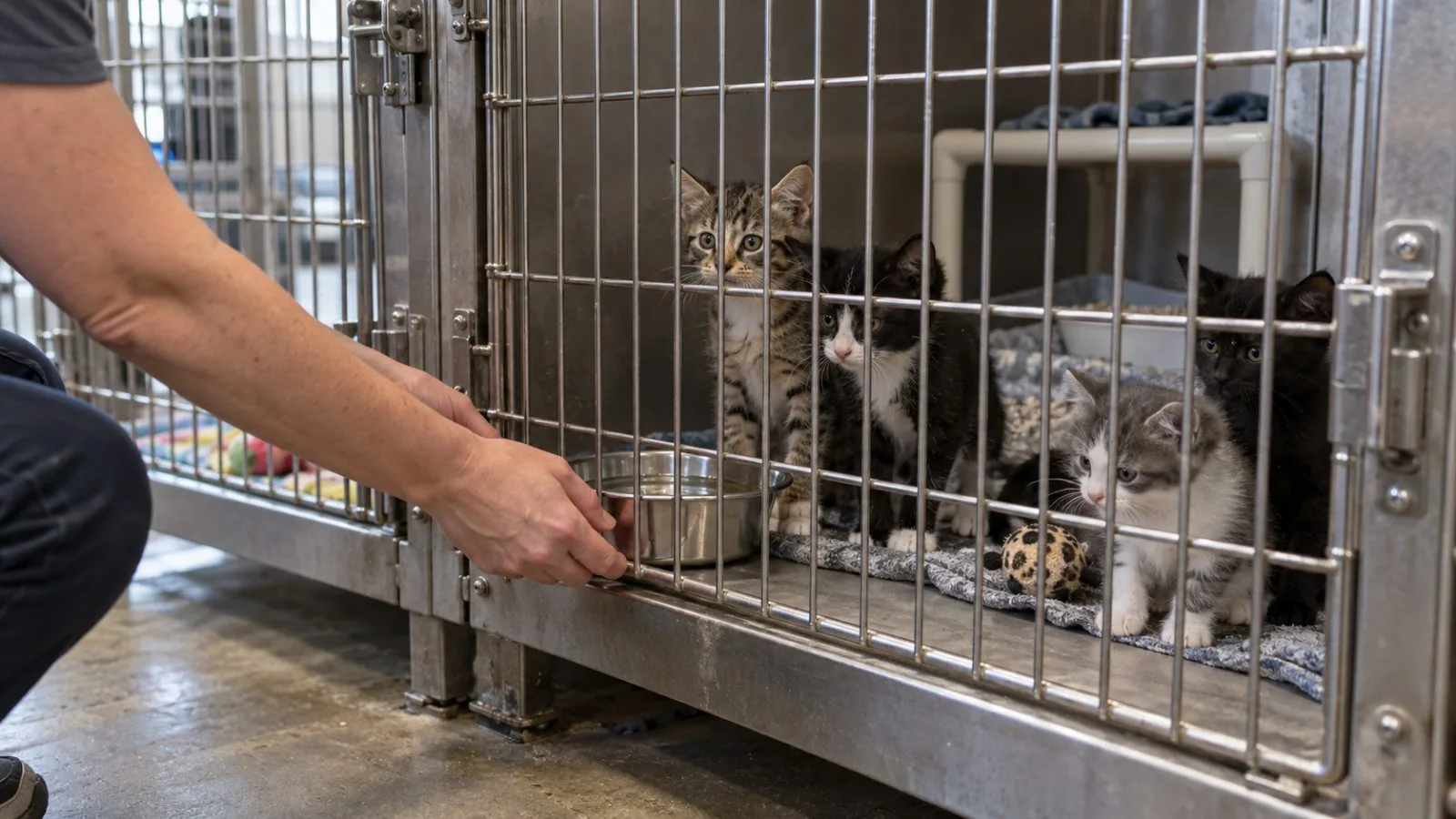Kittens wait behind kennel doors at a municipal animal shelter in San Antonio, Texas. (AI-generated image / EconoTimes)