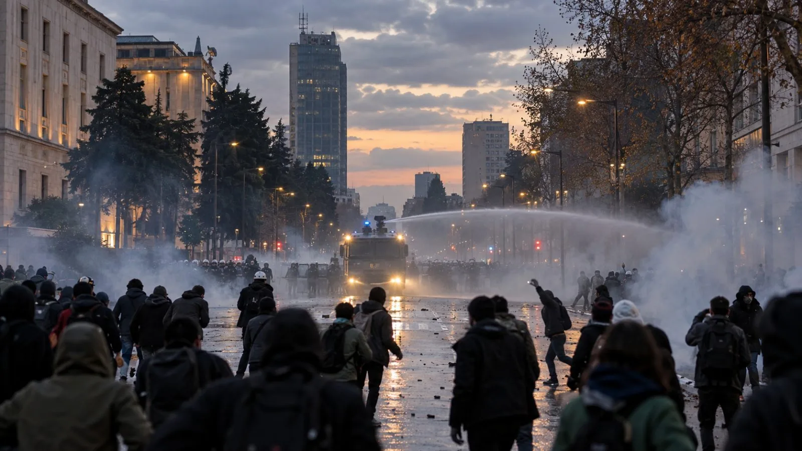 Demonstrators face a police water cannon during a protest in central Tirana, Albania. (AI-generated image / EconoTimes)
