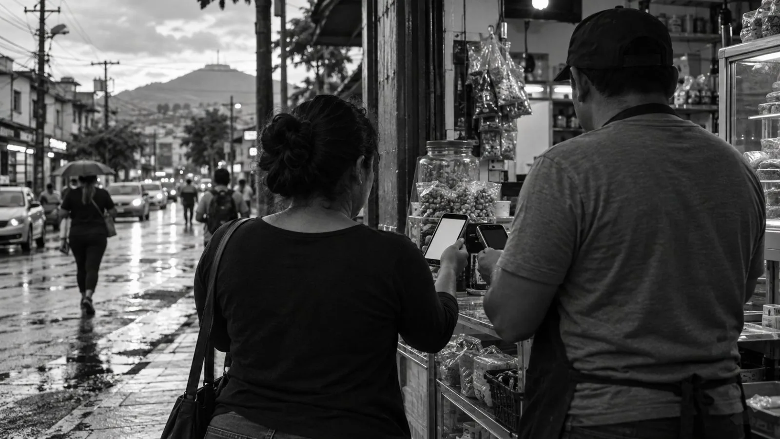 A shopkeeper and customer complete a mobile payment at a neighborhood store in San Salvador, El Salvador (AI-generated image / EconoTimes)