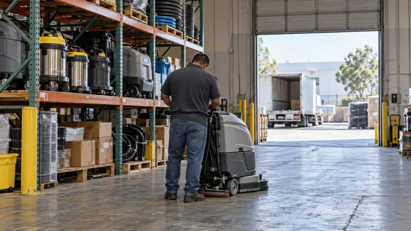 A commercial floor scrubber stands beside equipment crates inside a warehouse in Ontario, California. (AI-generated image / EconoTimes)
